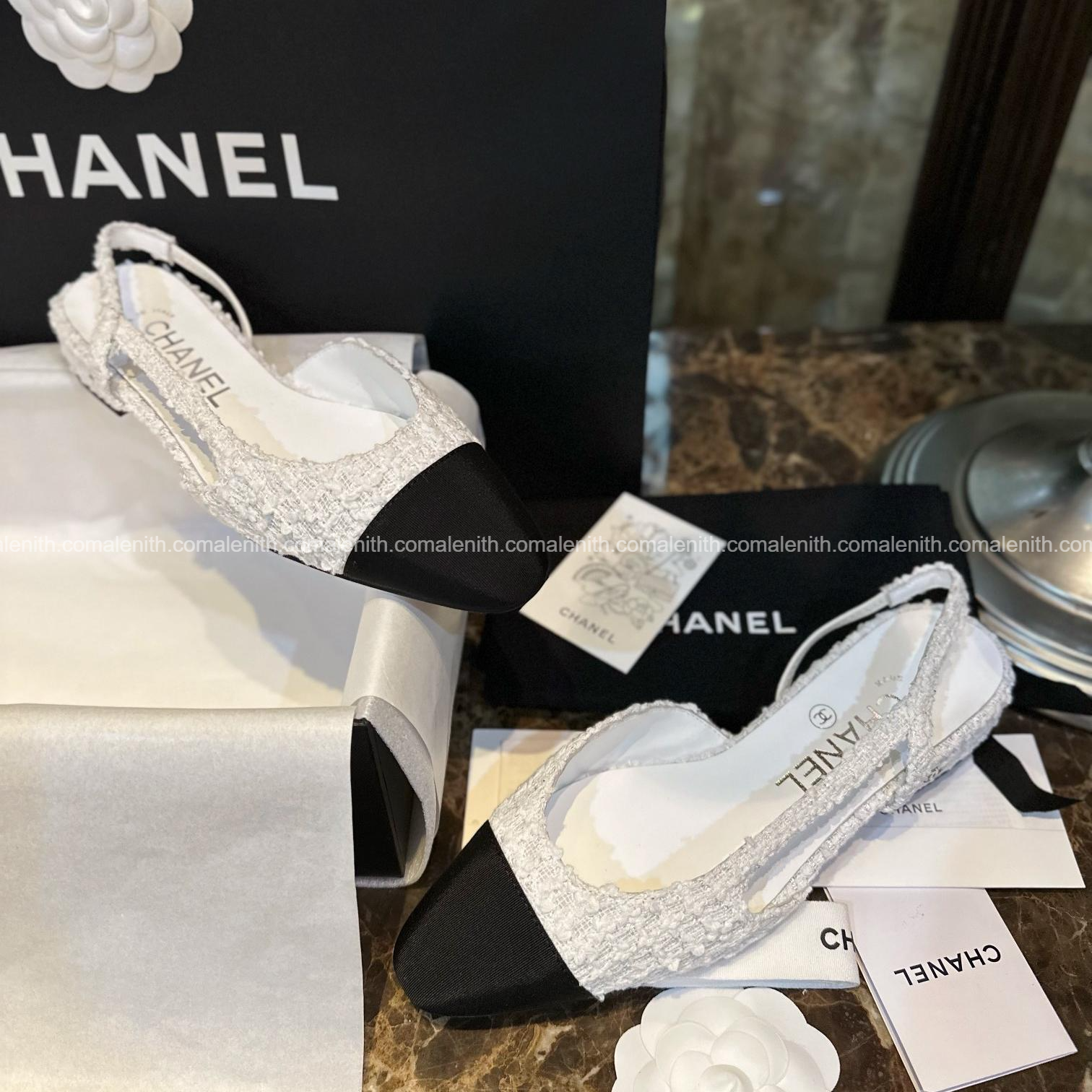 Chanel 23 White Tweed High Heel Slingback Sandals